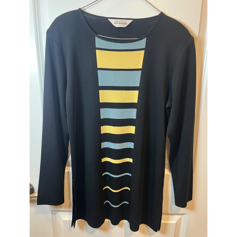 Misook Womens Knit Tunic Colorblock Striped Black Yellow Blue Size M L